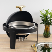 Chauffe-Plat Commercial de Luxe Noir en Acier Inoxydable de 6 Quarts avec Couvercle Enroulable et Poignée Dorée pour Buffets, Traiteur et Mariages