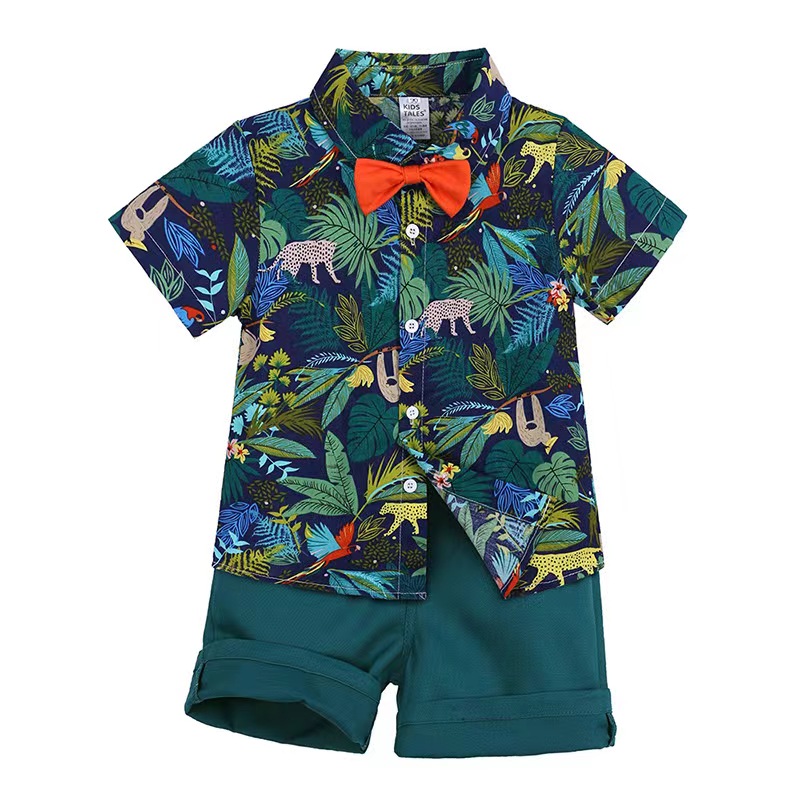 RSRZRCJ Toddler Baby Boy Summer Clothes Birds Print Lapel Collar Button Down Blouse Shirt Shorts 2PCS Outfits (Blue, 12-18 Months