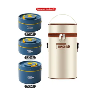 Alta Qualidade Parede Dupla Rodada Aço Inoxidável Food Thermos Vacuum Seal 3 Compartimento Lunch Box Container Set com Tampa