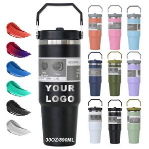 Gobelet isotherme personnalisé en acier inoxydable de 30 oz à double paroi avec paille rabattable, tasses à café de 30 oz avec poignée et paille - Product Image 1