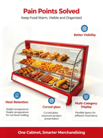 Vitrine chauffante commerciale isolée en verre incurvé avec éclairage LED pour biscuits, hamburgers, pain, tartes aux œufs et autres aliments