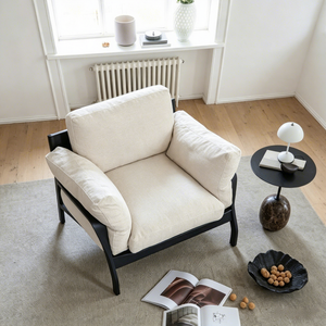 Fauteuil nordique moderne, <span class=keywords><strong>chaise</strong></span> simple avec structure en bois massif, tissu en lin, pour salon, chambre à coucher, salon, fauteuil d'appoint - Product Image 4