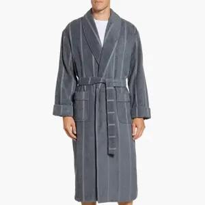 Solid Nighty Dress Spa Bathrobe Sleepwear Men's 100% cotton Long Sleeve Pajamas Cozy Soft Plush Shawl Collar Stripe Robe