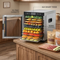 Déshydrateur alimentaire professionnel en acier inoxydable à 10 plateaux – Pour viande séchée, fruits, friandises pour animaux – Contrôle tactile numérique, réglable jusqu'à 80°C