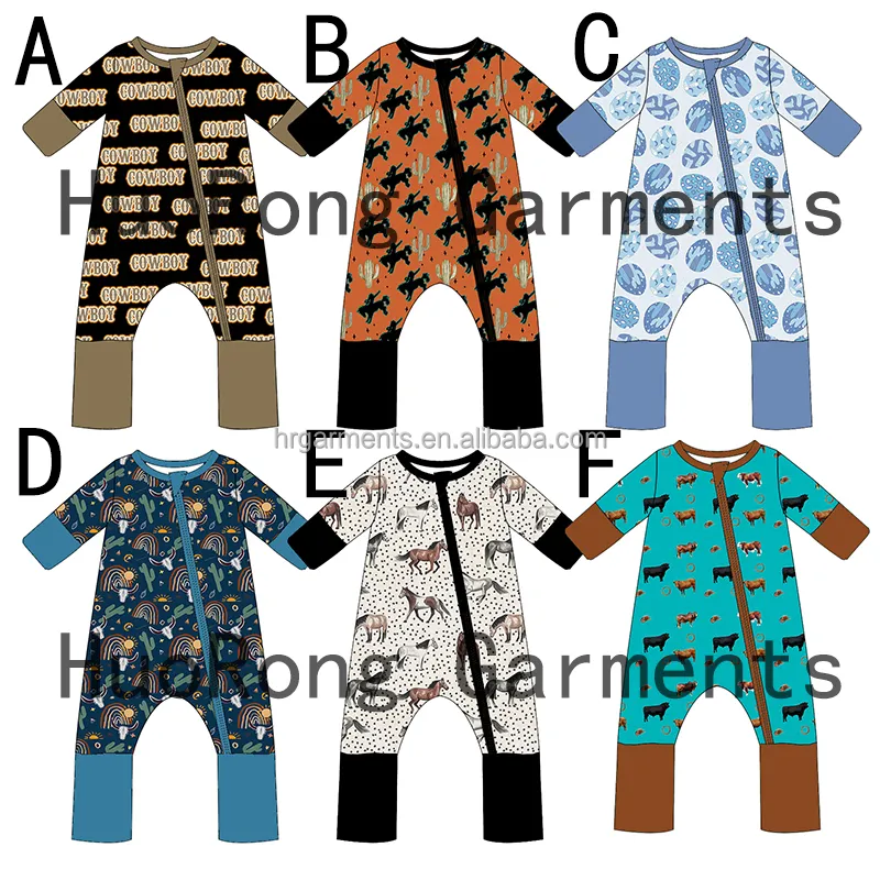 2023 Wholesale Newborn Baby Boy Zipper Sleeper Western Style Custom Print Long Sleeve Infant Fold Over Feet Jumpsuits Pajamas