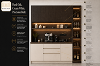 Meuble de station à café sur mesure pour la maison, en chêne fumé et blanc crème, avec étagère ouverte à LED, conception 3D gratuite, fabrication OEM pour toute la maison