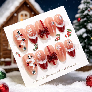 Faux ongles à presser en amande, motif flocon de neige 3D et nœud de Noël entièrement orné de strass, style français festif et charmant, vente en gros - Product Image 3