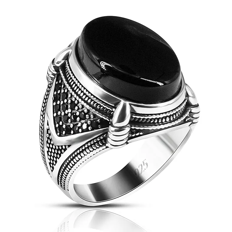 925 Sterling Silver Stone Turkish rings for Male Vintage Natural Agate Stone Handmade islamic Silver Men Hand rings