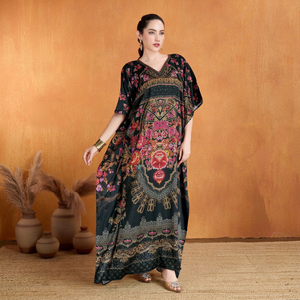 High Quality Designer Turkish Style <b>Kaftan</b> Women Polyester Handmade Batwing Sleeves V Neck Regular Fit Flared Hem Midi Eid - Product Image 1