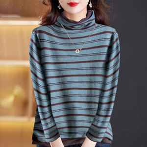 Women's Striped Turtleneck Sweater Long Sleeve Black Polyester Autumn Winter Top - Product Image 3