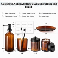 Ensemble d'accessoires de salle de bain en verre ambré CF, 5 pièces, avec distributeur noir, pot à cotons-tiges, boîte à cotons, porte-brosse à dents et porte-savon