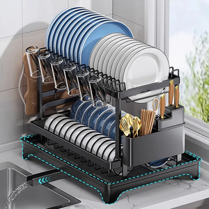 High Quality 2-Tier Metal Dish Drying Rack Large-Capacity Over <strong>Sink</strong> Dish <strong>Drainer</strong> <strong>with</strong> Cutlery Plate Standing Type Installation - Product Image 4
