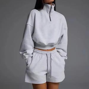 Fashion Custom Damen Quarter Zip Pullover Hoodie und Shorts Set Siebdruck Baumwolle Fleece Tracked Suit - Product Image 6