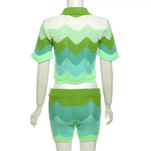 여름 패션 섹시한 스트리트웨어 짧은 소매 니트 스웨터 크롭 탑과 반바지 2 종 세트 여성용