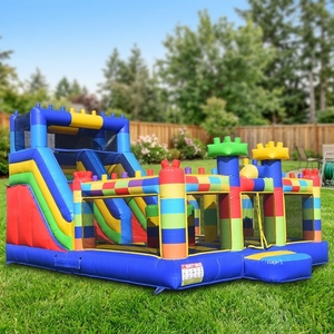 Château gonflable pour enfants avec toboggan et parcours d'obstacles à thème blocs, combo château <span class=keywords><strong>de</strong></span> saut humide/sec avec souffleur pour fête - Product Image 3
