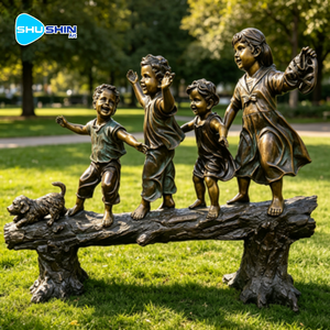 Sculpture en bronze grandeur nature de petits enfants marchant sur un bois, impression numérique, décoration extérieure - Product Image 1