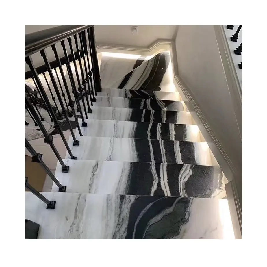 Casa mármore padrão de escadas handrail, especificação de textura branco panda mármore transparente escada interior painel de passo