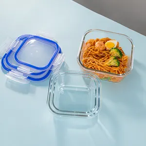 حاوية زجاجية لتخزين الطعام في المطبخ مزودة بغطاء من الخيزران آمنة للاستخدام في الميكروويف وصندوق غداء مستطيل جديد لتخزين الطعام
