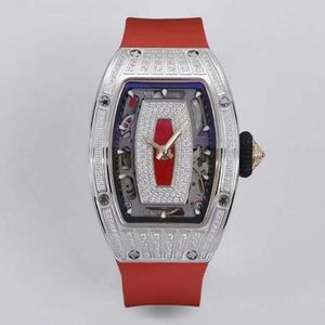 Montre de banquet pour <span class=keywords><strong>femme</strong></span>, design mode, cadran rouge lèvres, RM07-01, luxe, entièrement sertie de diamants, boîtier en forme de tonneau, mouvement automatique - Product Image 1