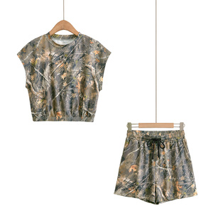 Women's Camouflage Print 2 Piece Shorts Set Casual Spring Summer Knitted <b>Tops</b> And Above Knee Shorts Regular Fit - Product Image 6
