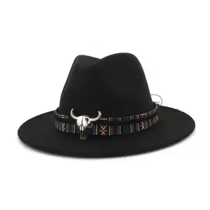 Mens rộng vành len cảm thấy Jazz hat len boater Flat Top rộng vành FEDORA Jazz cap màu rắn cổ điển Bowler Top hat