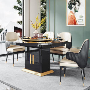 Black Smart Heating Marble Modern Dining <b>Table</b> Set Luxury Extendable Round 6 <b>Chairs</b> for Hotel & Villa Rooms Adjustable Dinning T - Product Image 2