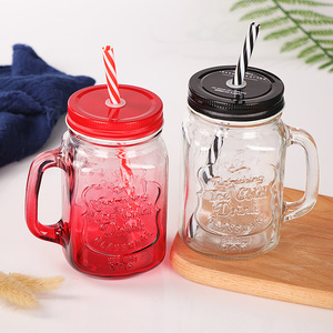 Customized Drinking Empty Bottle <strong>Tumbler</strong> 4 8 10 12 16 24 32 Oz Wide Mouth Round Mug Glass <strong>Mason</strong> <strong>Jars</strong> With Lid Handle Straw - Product Image 3