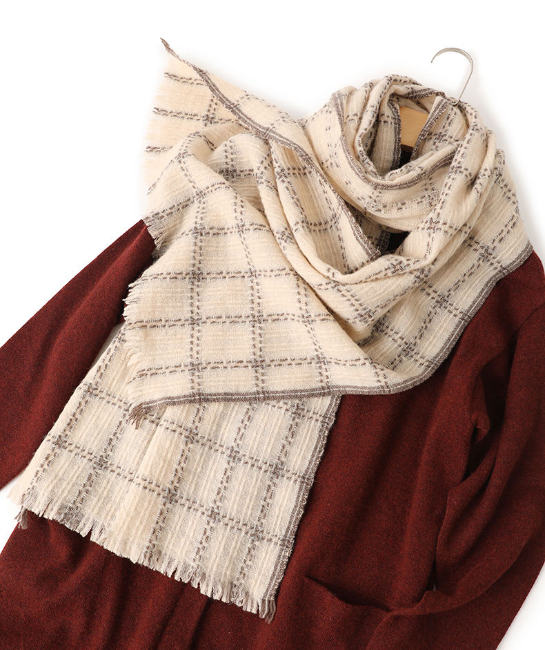 女士冬季羊毛围巾专用牙刷纱线染色编织格子围巾短流苏女士