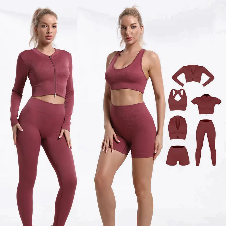 Custom Seamless Rib-knit Sports Suit Para Mulheres Alto Suporte Bra Top Vest Alta Cintura Fitness Leggings Biker Shorts Yoga Set