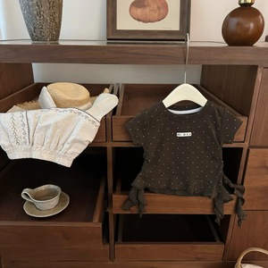 Baby Girls Summer T-shirt And Linen Pants Set Breathable Thin Chestnut Mochi Polka Dot Design With Label - Product Image 2