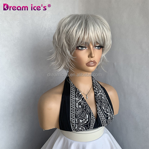 Perruque courte en cheveux synthétiques ondulés lisses gris clair blond, <span class=keywords><strong>coupe</strong></span> pixie, sans <span class=keywords><strong>frange</strong></span>, sans dentelle, pour femmes, en couches, résistante à la chaleur - Product Image 5