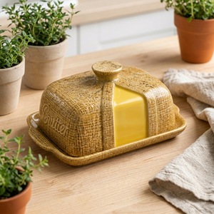 Pot à beurre en céramique gaufrée avec couvercle, boîte à beurre en céramique aspect lin marron à texture tissée, récipient de rangement en céramique pour beurre et fromage - Product Image 1