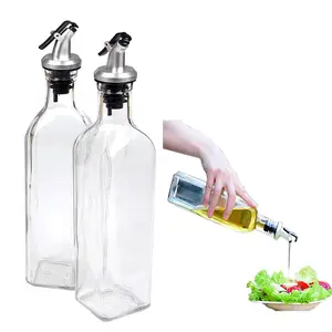 clear square olive oil glass bottle for kitchen soy sauce vinegar dispenser Olive cruet with lid Glass Vinegar Bottle