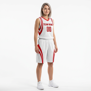 Conjunto de Camiseta de Baloncesto para Mujer, Blanca y Roja, Cuello en V, Sin Mangas, Malla Transpirable, Patrón 3D, Cierre con Cordón, Nombre del Equipo 00 - Product Image 3