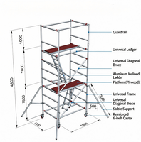 Échafaudage en aluminium à montage rapide avec échelle inclinée, roulettes, étais triangulaires, panneau de garde-corps et cadre léger