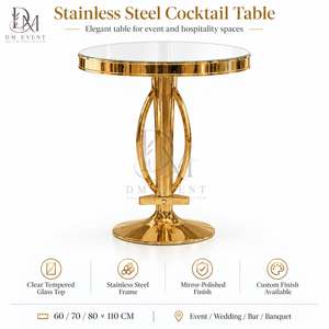 Round Cocktail <b>Table</b> for Commercial Bars with Gold Stainless Steel Oval Ring Base and <b>Mirrored</b> Tempered Glass Top - Product Image 3