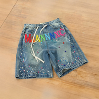 Shorts en jean délavé vintage personnalisés OEM avec logo brodé et strass, déchirés, pour hommes, style décontracté, fabrication streetwear