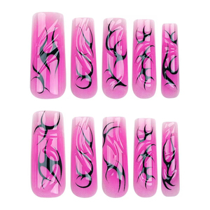 24 <span class=keywords><strong>Uñas</strong></span> Postizas Cuadradas Extra Largas en Caja, Color Rosa y Negro, Estilo Gótico con Llama, <span class=keywords><strong>Uñas</strong></span> Acrílicas Y2K con Borde Ondulado 3D para Mujer, Ideales para Fiestas - Product Image 3