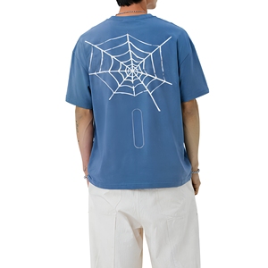 เสื้อยืดโอเวอร์ไซส์ลายใยแมงมุม สไตล์สตรีทแวร์ ผ้าคอตตอนหนา สีน้ำเงิน ทรงไหล่ตก สไตล์ฮิปฮอป - Product Image 1