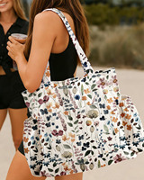 Sac fourre-tout en toile personnalisé, durable, pliable, imprimé de perles et de fleurs, avec fermeture éclair, imperméable, tendance, portable pour filles