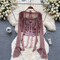 Ensemble tricoté Y2K Coquette pour femme : Caraco à applique rose et boléro court à manches longues à volants – Tenue Printemps-Été