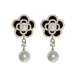 Camellia Luxury Designer Jewelry Collection Boucles d'oreilles pendantes en acier inoxydable avec strass et perles de fleurs Dernier <span class=keywords><strong>catalogue</strong></span> - Product Image 5