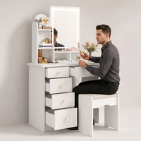 Coiffeuse moderne en verre blanc avec miroir LED et tabouret, 1 tiroir, pour chambre et salle de bain, ensemble de meubles