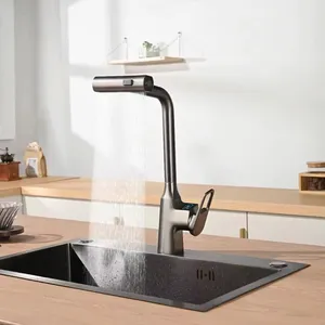 Kitchen faucet LED digital display temperature withdrawable and rotatable 3 spray options waterfall pull out sink faucet