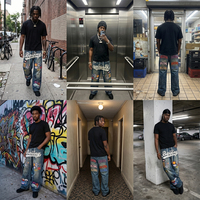 Jeans à jambes larges personnalisables avec patchwork, style streetwear vintage pour hommes, avec patchs multi-logos, marques streetwear personnalisées