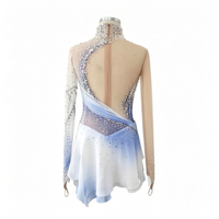 Robe de patinage artistique à col haut et manches longues, dégradé bleu et blanc, avec strass et maille, pour compétition et spectacle (adultes et enfants)