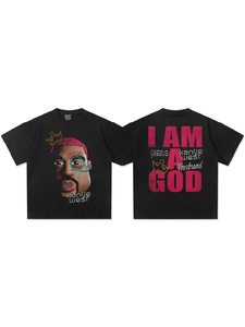 T-shirt graphique double face pour homme Kanye West I Am God, portrait de personnage de dessin animé, en soie/coton 300 GSM, col étroit, coupe oversize, style Hip Hop - Product Image 3