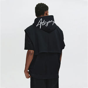 Sudadera con capucha de manga corta con cremallera, estilo streetwear, de algodón de alto gramaje (350 g/m²), color liso, con bordado personalizado desgastado, transpirable y de punto, oversize. - Product Image 5