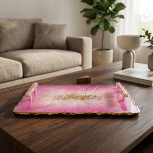 Plateau de service mobile ovale moderne en acrylique fait main, motif floral abstrait, feuille d'or, décoration de luxe pour bar et comptoir, idéal pour anniversaire - Product Image 6