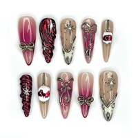 Lot de 10 faux ongles amovibles en ABS, motif floral 3D, style français, faits à la main, longs, forme Stiletto, à presser